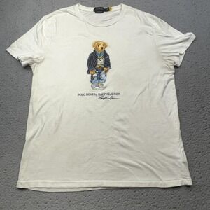 Polo Ralph Lauren Shirt Mens XL White Preppy Bear Graphic Slim Fit Cotton Crew